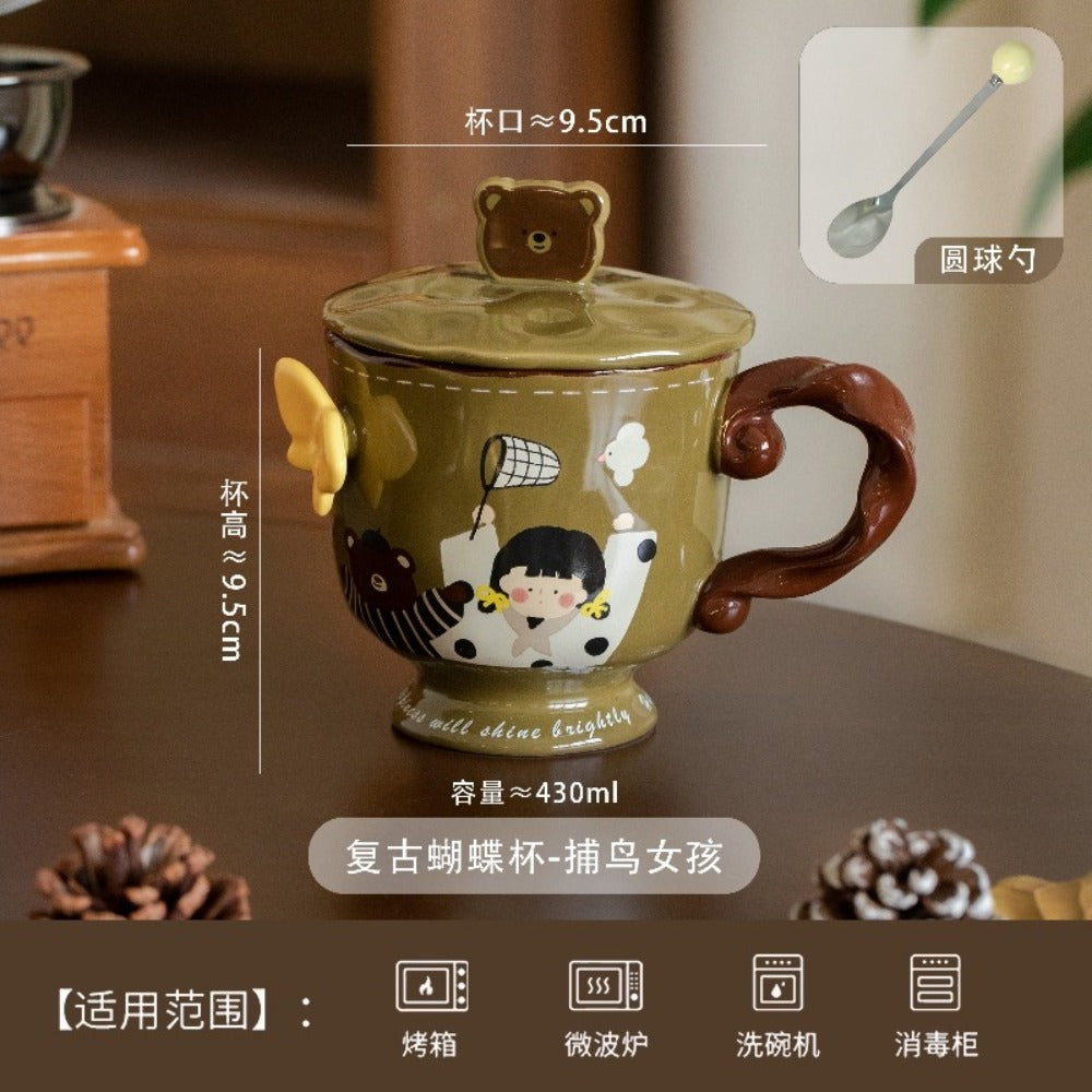 Vintage Butterfly Mug Coffee Cup with Lid Household Female New 2026 High-Value Breakfast Cup Ceramic