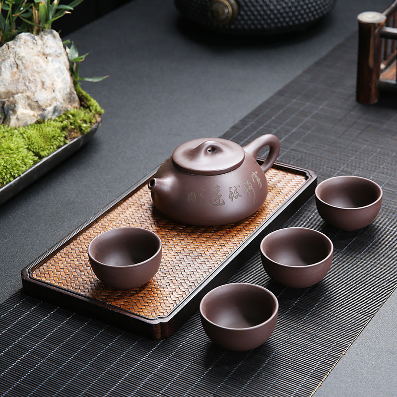 5pcs Chinese Purple Clay Tea Set Suitable for & Travel - Portable Leakproof & Teaware with Pot & 4 Cups, Traditional Clay Tea Service for Office, Gifts for, Birthdays, Business - Clay Teapot and Cups