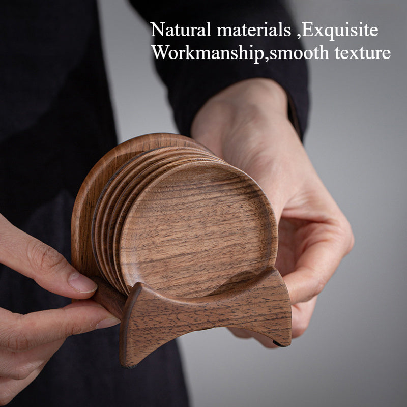 6 Black Walnut Tea Coaster Set with Stand, Heat-Resistant Coasters and Cup Holder, Japanese Tea Ceremony Accessories,  Minimalist Design, Elegant Accessories, Drinkware Set, Tea Lovers, Kitchenware Shoppers