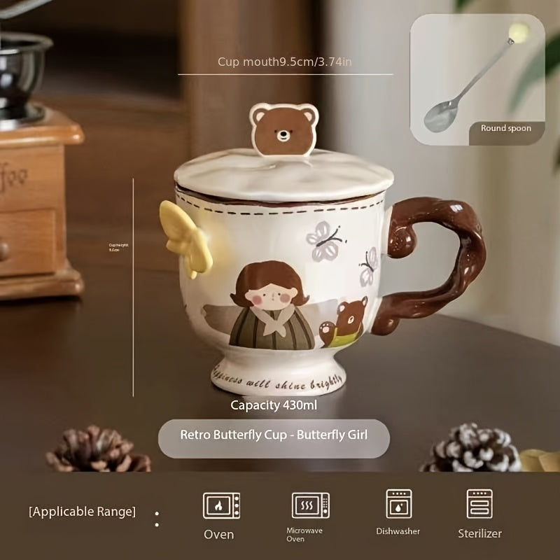 Vintage Butterfly Mug Coffee Cup with Lid Household Female New 2026 High-Value Breakfast Cup Ceramic