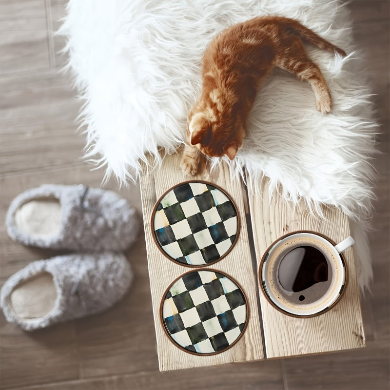 6 Round Wooden Coasters | Black and White Checkerboard Design, 2D Flat, 4 Inch, Coffee and Hot Drink Coasters, Kitchen Additions, Home Table Protectors, Best Housewarming Gift