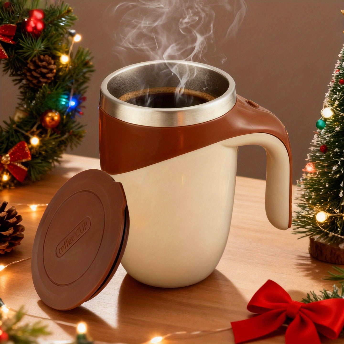 250ML Coffee Cup with Even Lid - Automatic Stirring, One-Button Start, Perfect for Coffee, Milk, Protein Powder - Brown And Cream Color, Reusable, Perfect Christmas Gift, Coffee Cup