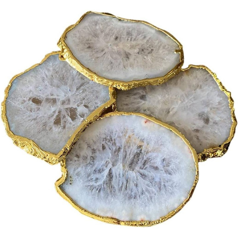 Natural Sliced White Agate Stone Coasters with Golden - Set of 4 Round 5th Edition Coasters (4 Natural Slabs) - Mineral Deposit Natural Stone Drink Holders for Home Table Decor, & Heat-Resistant Suitable for Home Decor, Dining Table, Gifts