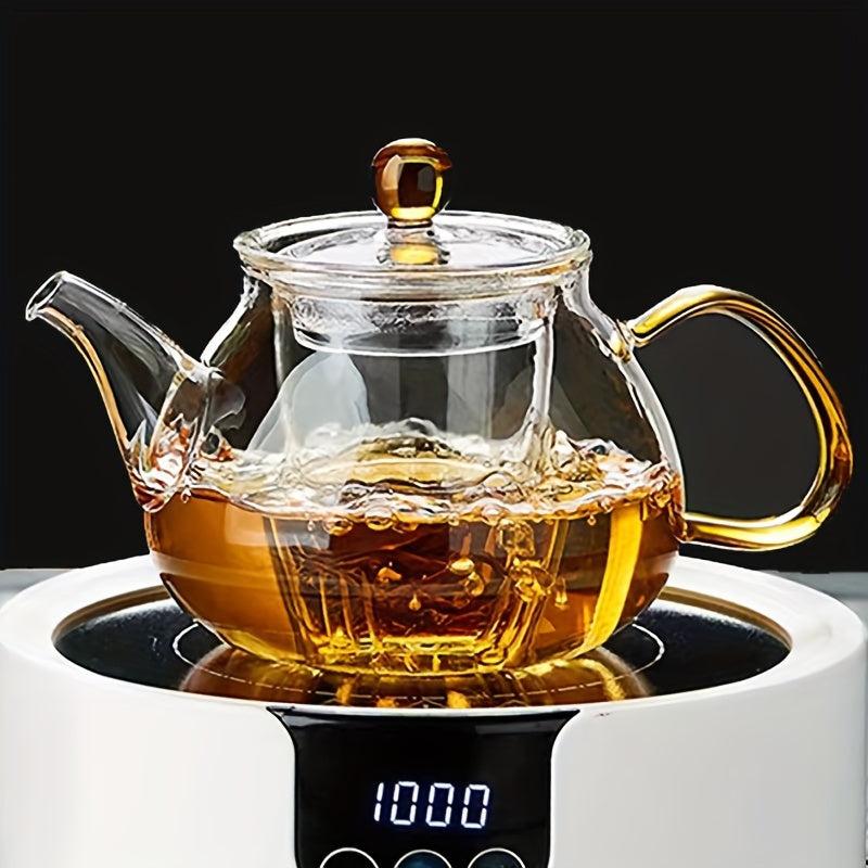 1pc Borosilicate Glass Teapot with Infuser - Transparent Electric Stovetop-Safe Tea Kettle, Round Lid & Ergonomic Handle for Loose Leaf Tea, Tea Water Separation, Modern Kitchen Essential, Glass Kettle for Stove, Sleek Brushed Finish, Durable Kitchenware