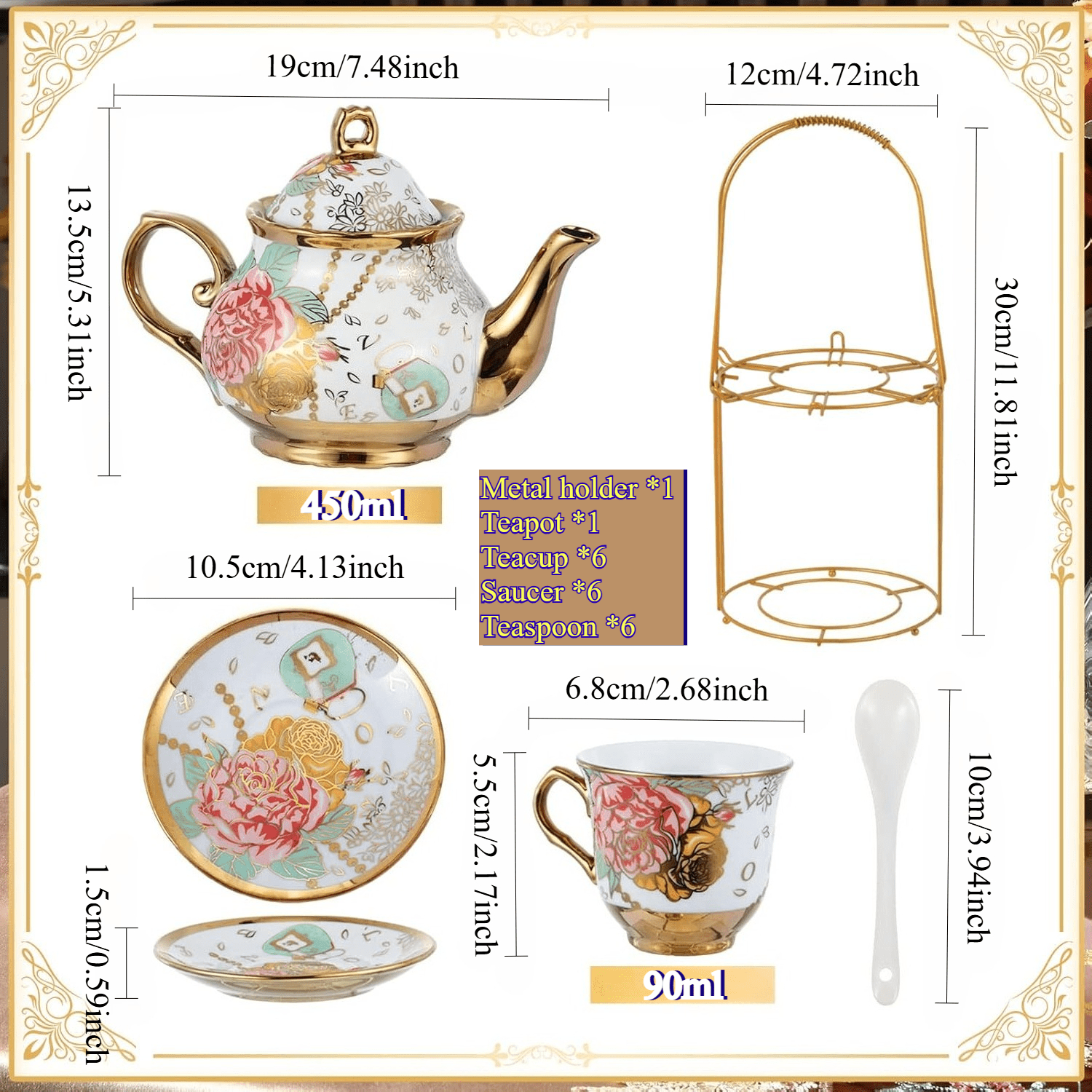 20pcs Porcelain Floral Espresso Tea Set | European Ceramic Turkish Coffee Cup and Saucers with Metal Holder and Teapot, Luxury Arabic Ceramic Tea Cups for Espresso, Cappuccino, Latte, Mocha | Ideal for Afternoon Tea and Gift, Brand: LDQ