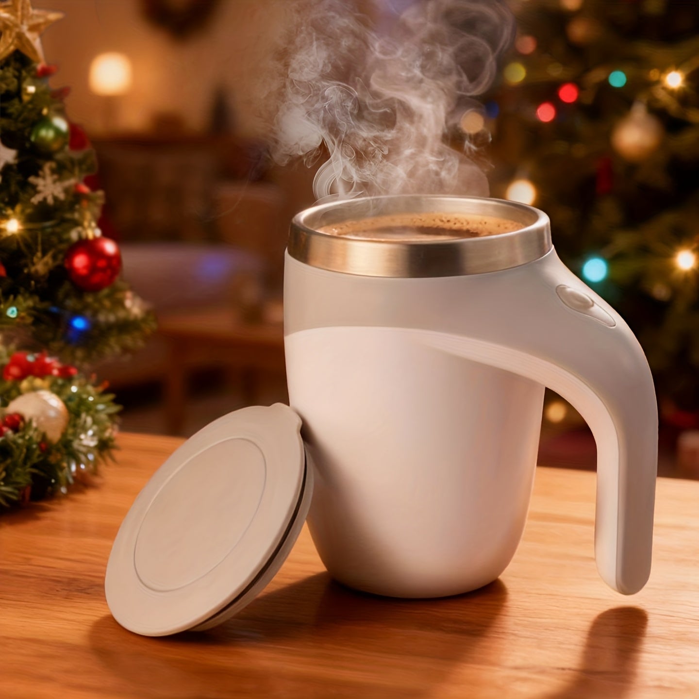 250ML Coffee Cup with Even Lid - Automatic Stirring, One-Button Start, Perfect for Coffee, Milk, Protein Powder - Brown And Cream Color, Reusable, Perfect Christmas Gift, Coffee Cup