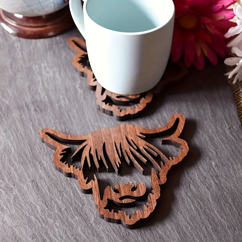 4pcs of Highland Beef Wooden Coasters, Hollow Heat- Mats, Non-slip Desktop Mats, Suitable for Room Decoration, Homemade Kitchen Accessories, a Must for Families, Wedding Party Decoration