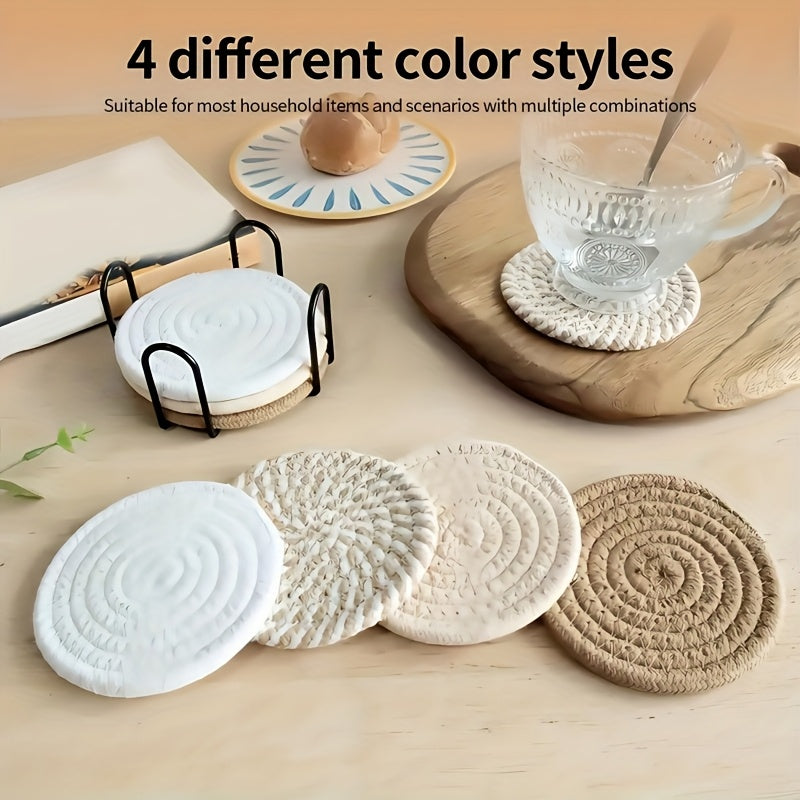 9pcs Braided Rope Coaster & Storage Rack - Heat-Resistant Fabric, Non-Slip Water-Absorbent Rustic Farmhouse Table Protectors with Multi-Color Rope Coasters Suitable for Dining Table,, Coffee Station Decor