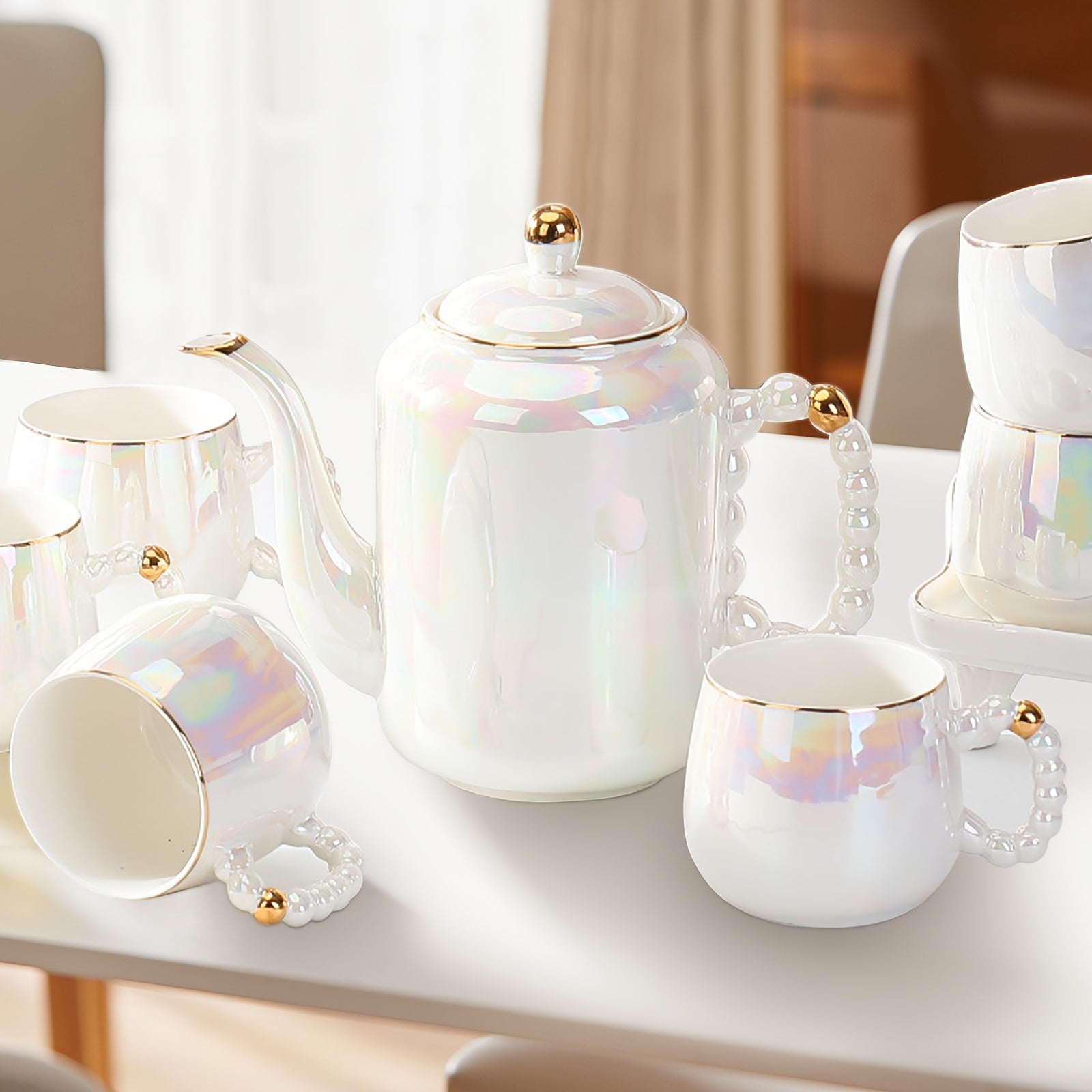 Full Porcelain Tea Service for Adults, Featuring a Pearl Handle Design, Includes 1 Covered Teapot, 6 Tea Cups, 1 Tea Tray, And Is Presented As a Tea Gift Set in White Pearl Color