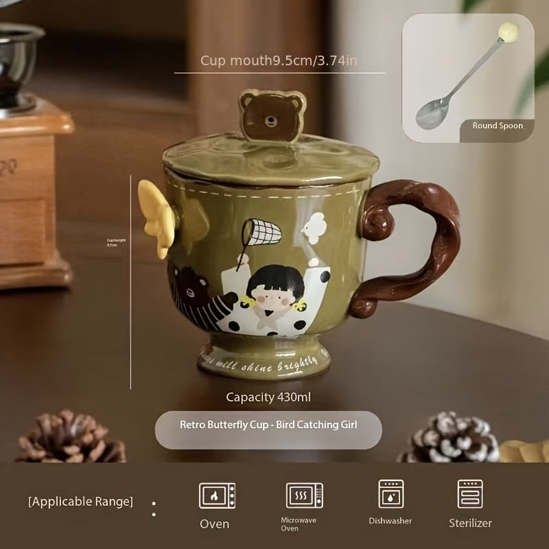 Vintage Butterfly Mug Coffee Cup with Lid Household Female New 2026 High-Value Breakfast Cup Ceramic