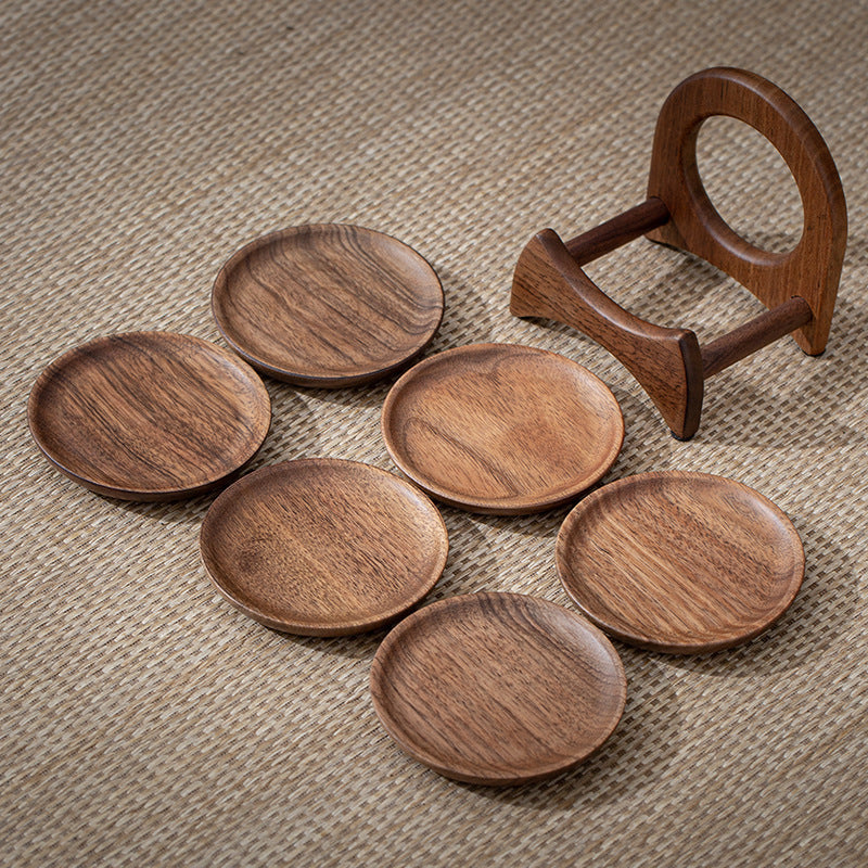 6 Black Walnut Tea Coaster Set with Stand, Heat-Resistant Coasters and Cup Holder, Japanese Tea Ceremony Accessories,  Minimalist Design, Elegant Accessories, Drinkware Set, Tea Lovers, Kitchenware Shoppers